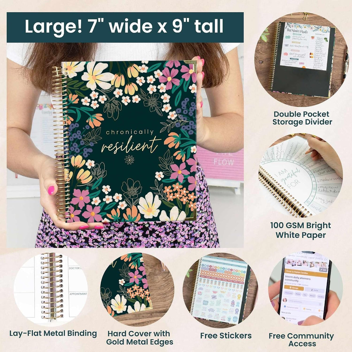 bloom daily planners Undated Chronic Illness Planner & Medical Journal - 12 Month Pain & Symptom Tracker, Mood & Medication Log, Appointment Organizer (7” x 9”) - Chronically Resilient