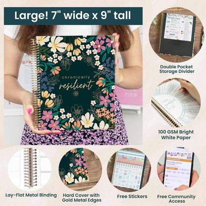 bloom daily planners Undated Chronic Illness Planner & Medical Journal - 12 Month Pain & Symptom Tracker, Mood & Medication Log, Appointment Organizer (7” x 9”) - Chronically Resilient