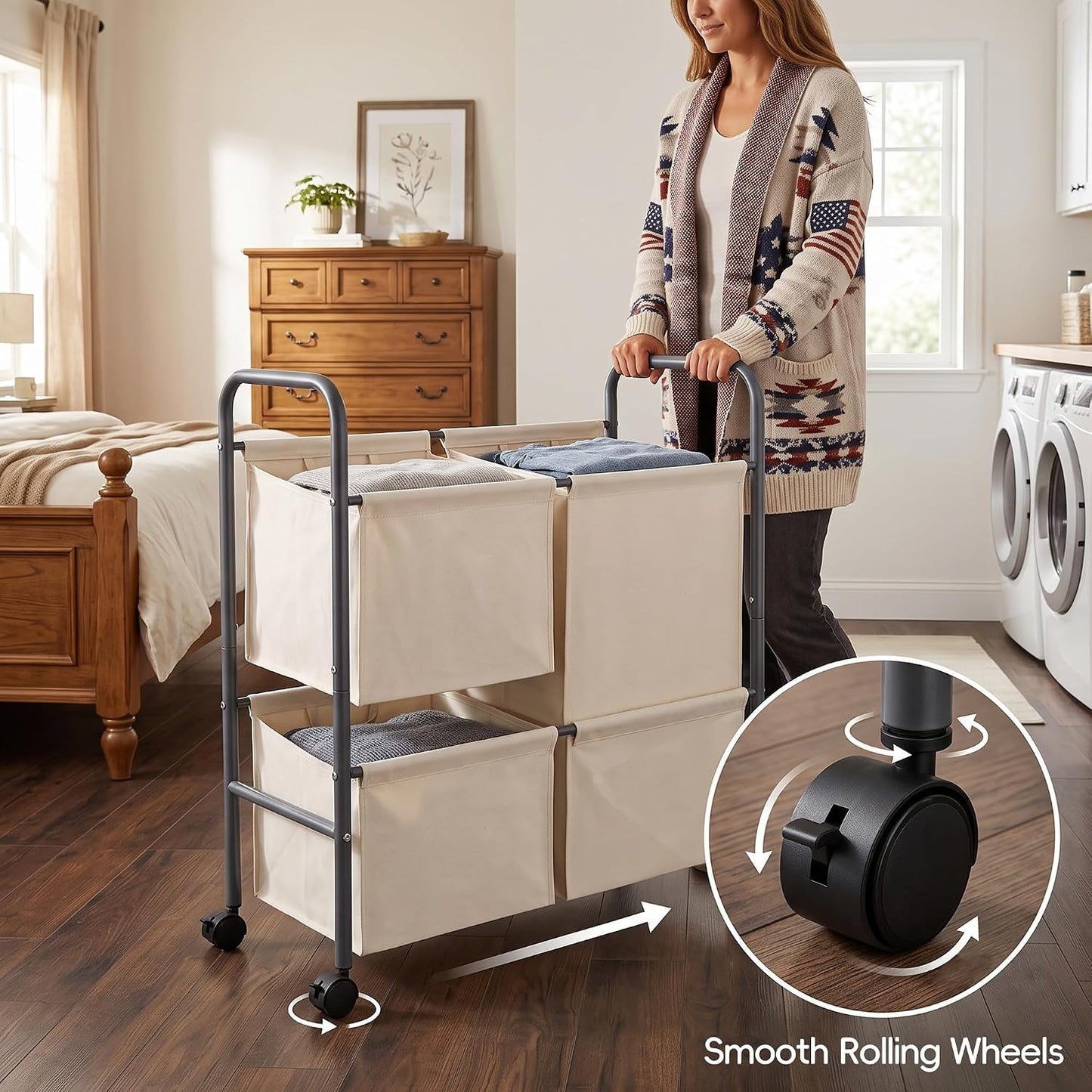 130L Laundry Hamper with Wheels, 3 Section Laundry Sorter Cart with Removable Bags, Rolling Clothes Hamper with Waterproof Lining, Sturdy Freestanding Canvas Laundry Basket for Laundry Room, Beige