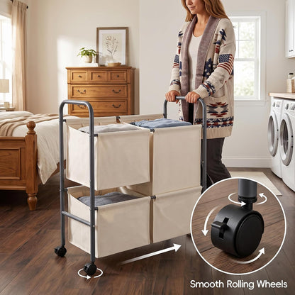 130L Laundry Hamper with Wheels, 3 Section Laundry Sorter Cart with Removable Bags, Rolling Clothes Hamper with Waterproof Lining, Sturdy Freestanding Canvas Laundry Basket for Laundry Room, Beige