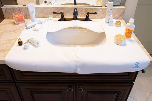Sink Splash Guard - Home Essentials Faucet Mat for Clean and Dry Bathroom Counter - Absorbent Fast Drying Non Slip Protector - Soft Microfiber with Waterproof Rubber Grip - Washable - White