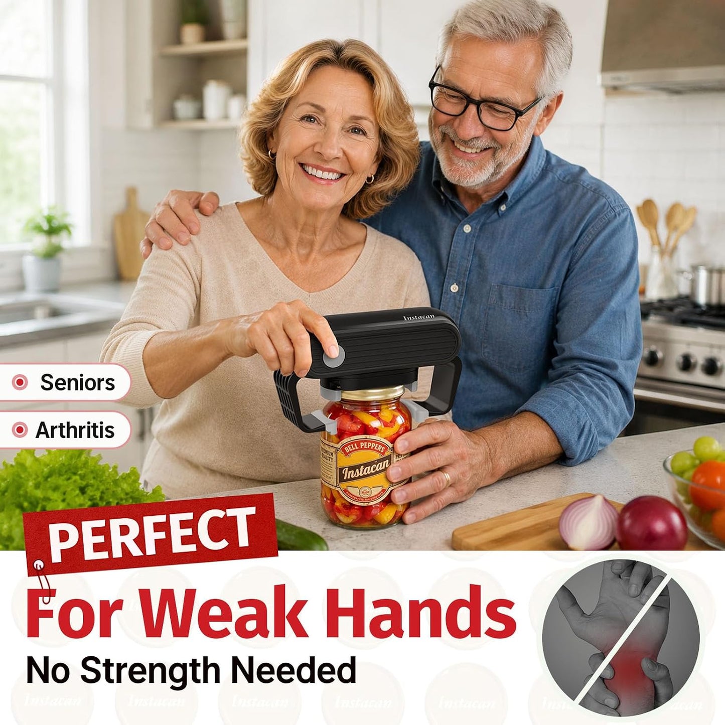 INSTACAN Effortless Electric Jar Opener Easy Opens Twist-Lid, One Handed Automatic Jar Opener for Weak Hands & Seniors with Arthritis, Battery Operated Essential Kitchen Gadgets Gift for Home