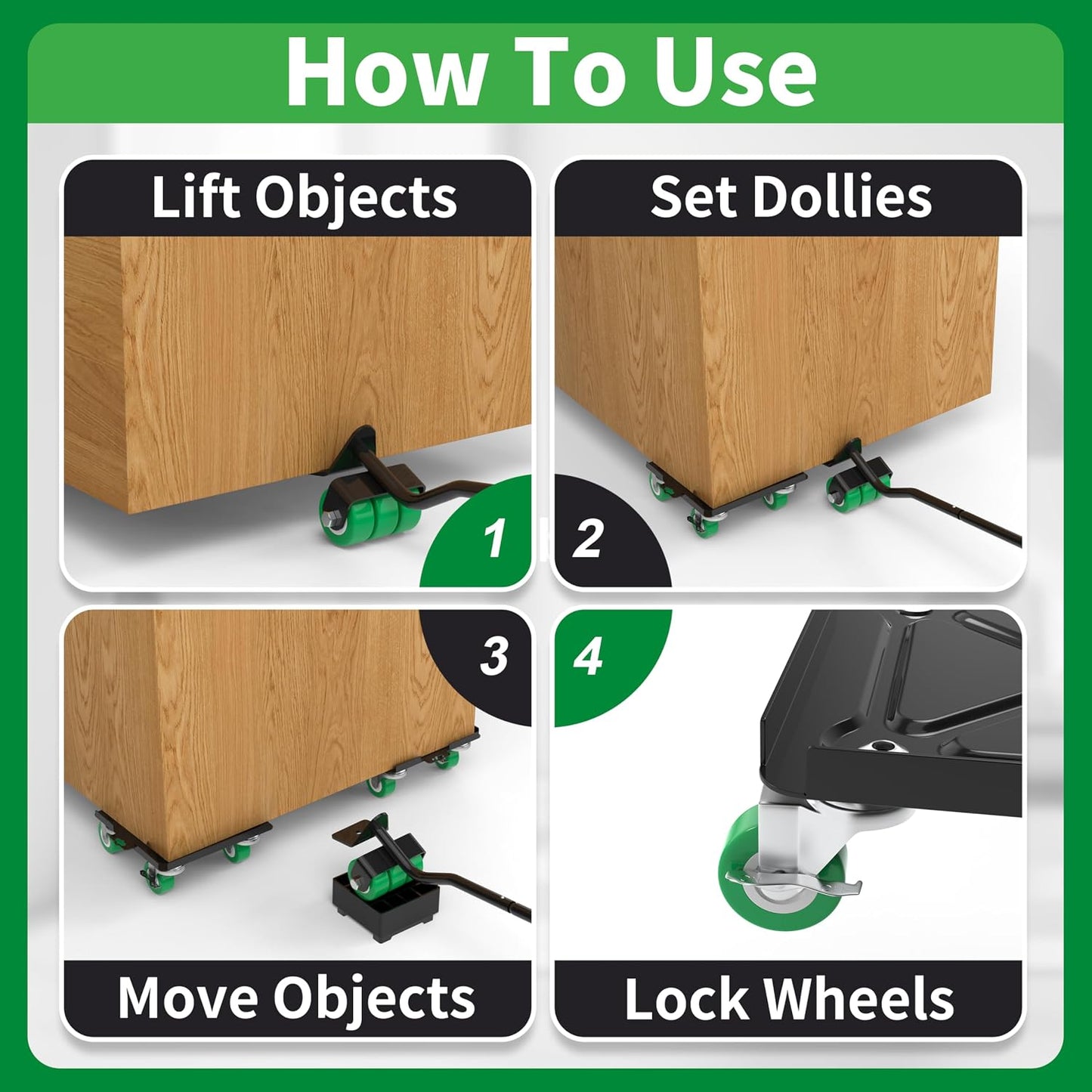 Heavy Duty Furniture Dolly 360 Rotate 5 Wheels 3000 Lbs Capacity 5.3x5.3 in | Furniture Movers with Green Wheels, Measure Tape & Leveler, Alloy Steel Furniture Lifter Tool for Smooth Home & Office Uses
