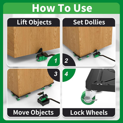 Heavy Duty Furniture Dolly 360 Rotate 5 Wheels 3000 Lbs Capacity 5.3x5.3 in | Furniture Movers with Green Wheels, Measure Tape & Leveler, Alloy Steel Furniture Lifter Tool for Smooth Home & Office Uses
