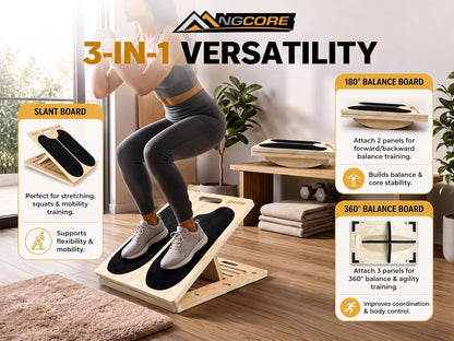 3-in-1 Adjustable Slant Board & 180°/360° Balance Board - Wooden Calf Stretcher and Squat Wedge - 5 Angle Incline Board for Stretching Equipment & Exercise - Includes Resistance Band - (400LBS)