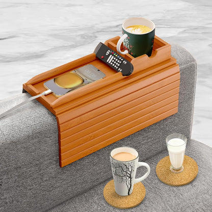 Bamboo Couch Cup Holder, 2 Cork Coasters, Anti-Slip Foldable Couch Arm Tray | 2 in 1 Foldable Sofa Arm Tray, Couch Armrest Table, Anti-Spill Couch Arm Table for Drinks TV Remote Cellphone Snacks