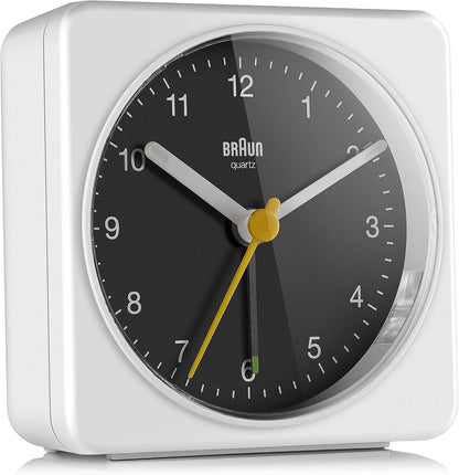 Braun Classic Analogue Alarm Clock with Snooze and Light, Quiet Quartz Sweeping Movement, Crescendo Beep Alarm in White, Model BC03W.