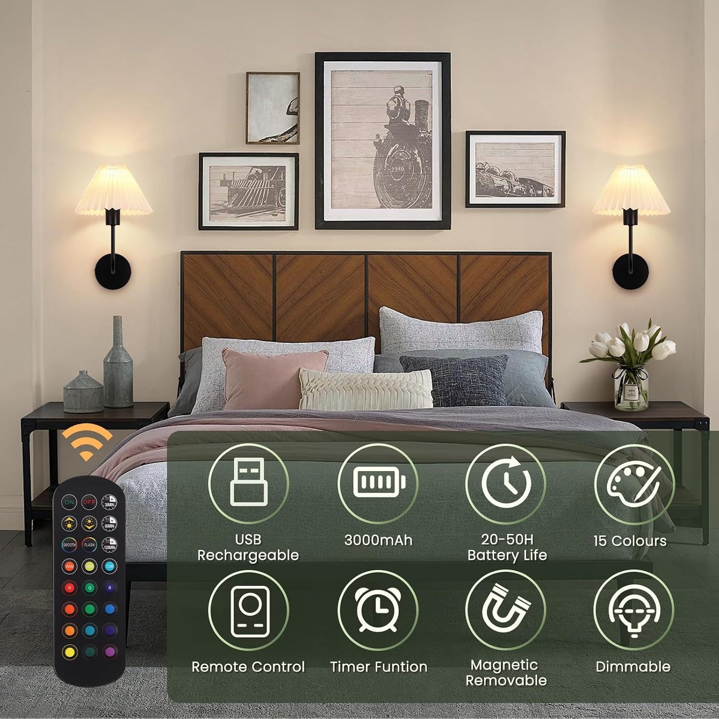 Rechargeable Battery Operated Wall Sconce Sets of 2, 15 Colors Wireless gooseneck Black Wall Lights Fixture with Dimmable Bulbs and Remote, Not Hardwired Wall Mounted Lamps for Bedroom Living Room