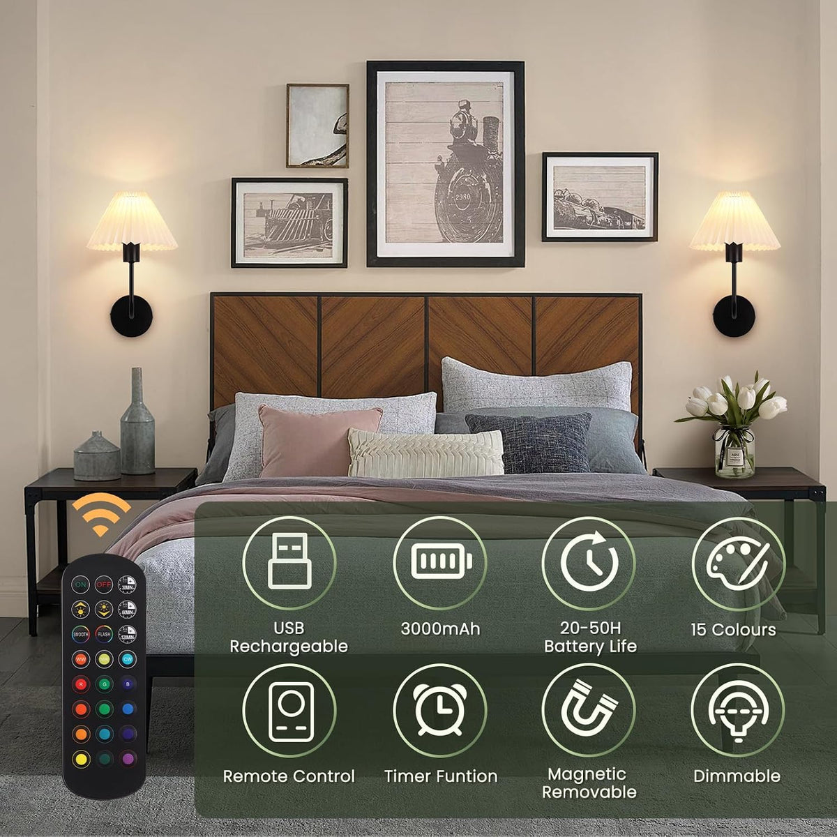 Rechargeable Battery Operated Wall Sconce Sets of 2, 15 Colors Wireless gooseneck Black Wall Lights Fixture with Dimmable Bulbs and Remote, Not Hardwired Wall Mounted Lamps for Bedroom Living Room