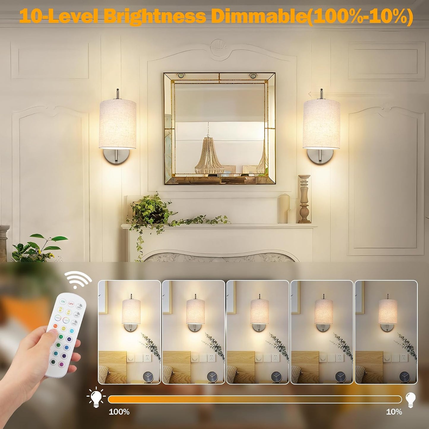 MATAMEYE Battery Operated Wall Sconce Set of 2, Black Rechargeable Wireless Wall Light Fixture with Remote, 12 RGB Colors & Timer, Indoor Dimmable Wall Lamp with Linen Shade