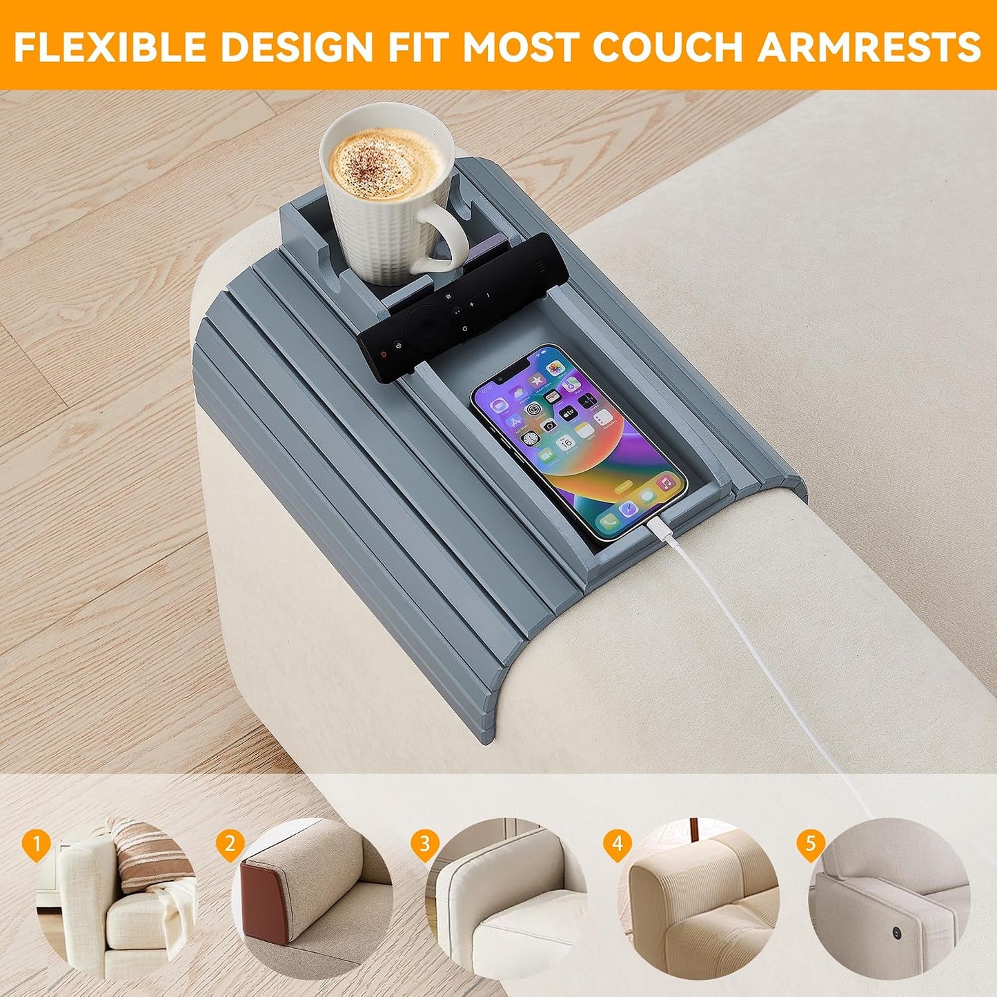 GEHE Bamboo Couch Cup Holder, Anti-Spill Sofa Arm Tray, Natural and Easy to Clean Couch Arm Cup Holder Armrest Tray Perfect for Cups, Beers, Snacks, Remote Control, Drinks