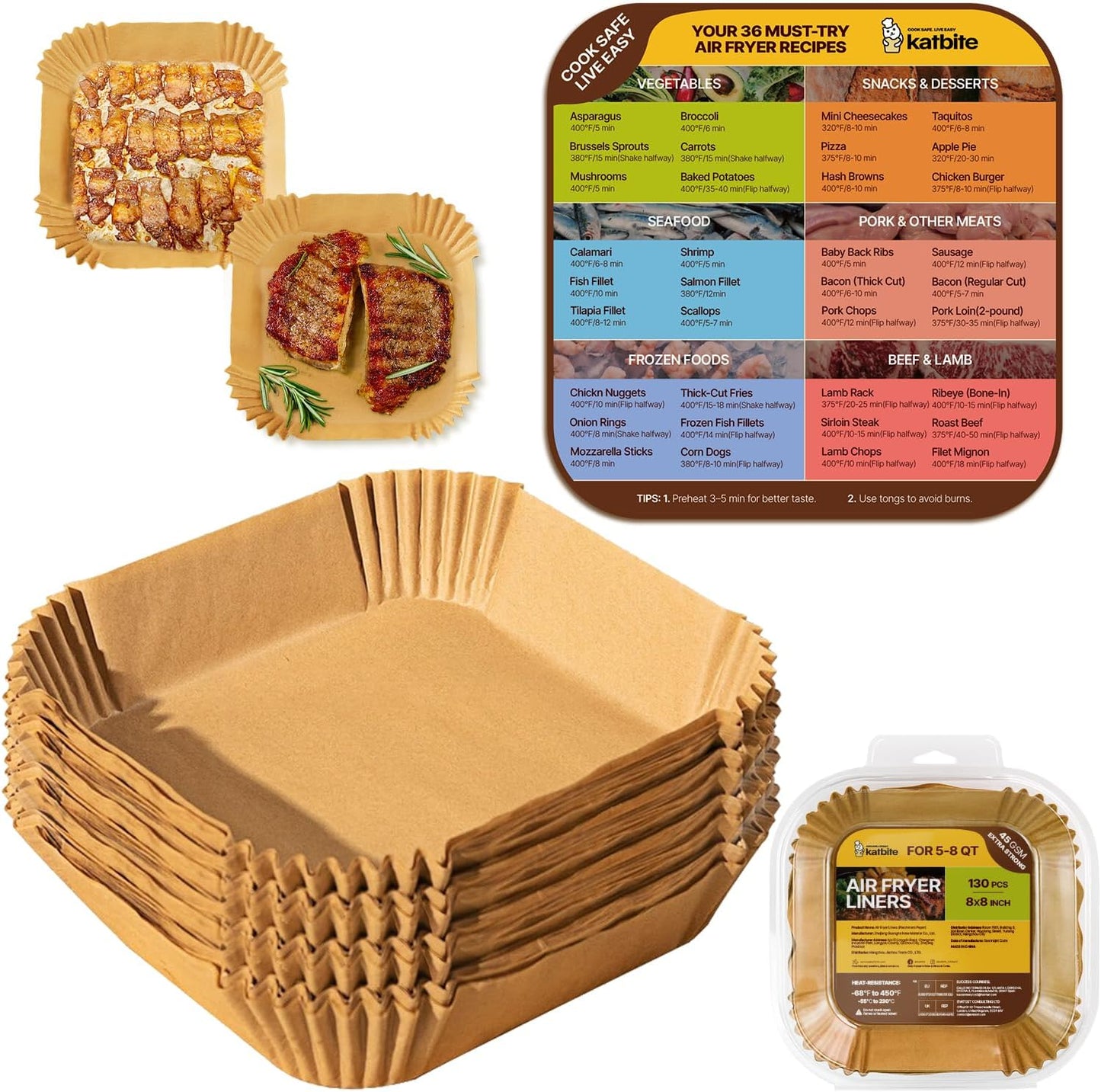 Katbite Air Fryer Liners, 8.6 x 5.5 Inch for Dual Basket Fryers, 220 Count | Disposable oil-proof parchment liners for dual basket air fryers; Compatible with Foodi DZ201, DZ401 and FG551 models.