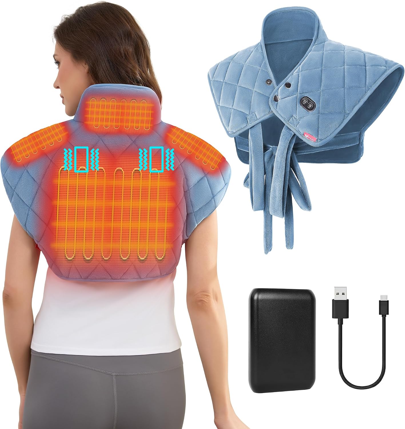 Vofuoti Portable Cordless Heating Pad for Neck and Shoulders with Massager | 12V 15000mAh Battery and 3 Heat Settings, Weighted Electric Rechargeable Heated Neck Shoulder Wrap, 2.6lbs, Gift for Family