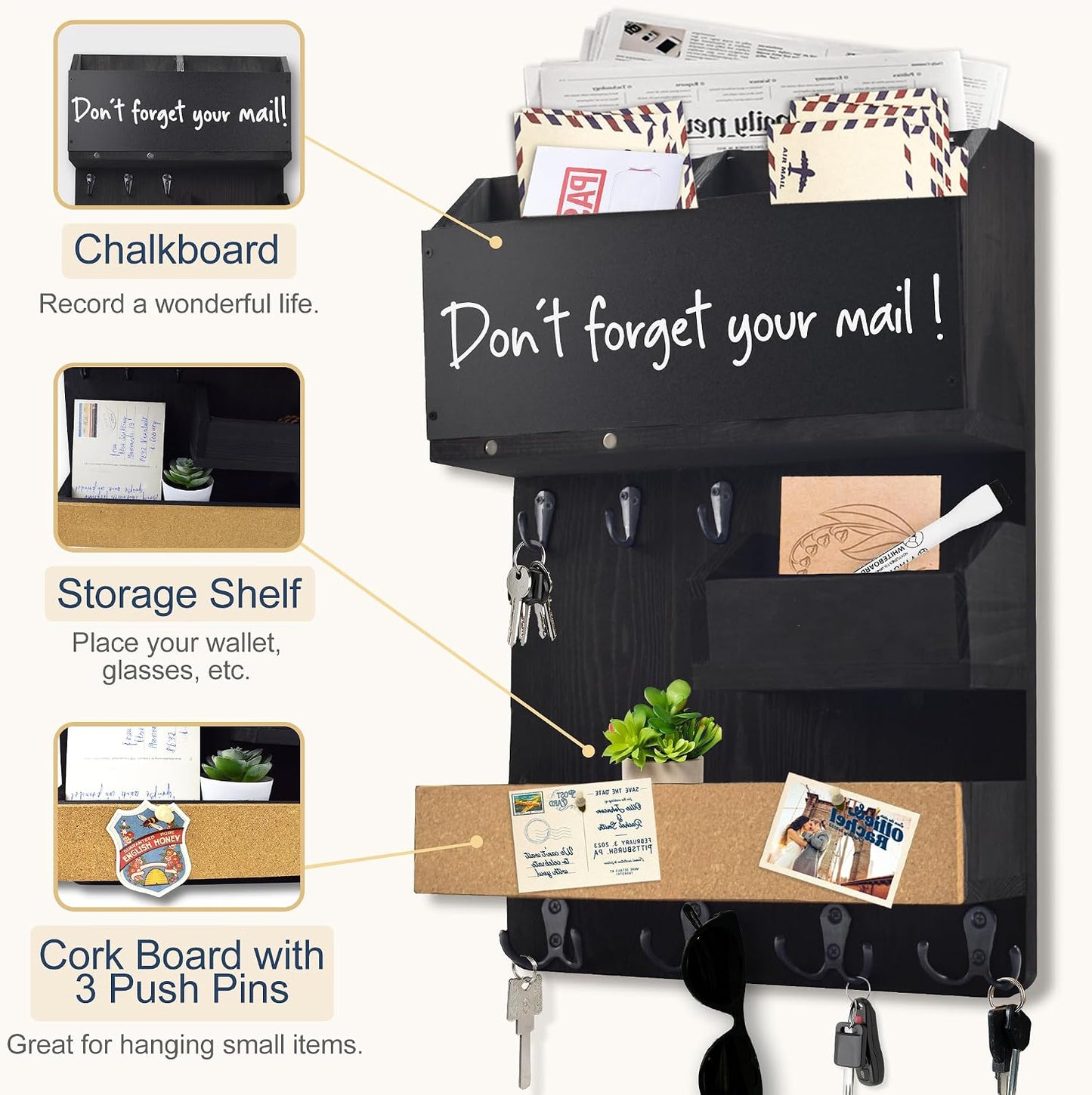 Key Holder for Wall Mount with Shelf and Mail Organizer, Key and Mail Holder with 16 Hooks, Farmhouse Entryway Organizer, Home Decor Rack (Pine Wood, White Washed)