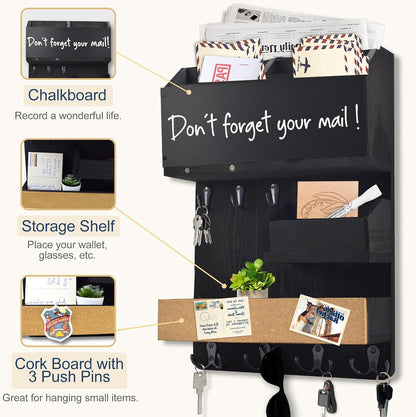 Key Holder for Wall Mount with Shelf and Mail Organizer, Key and Mail Holder with 16 Hooks, Farmhouse Entryway Organizer, Home Decor Rack (Pine Wood, White Washed)