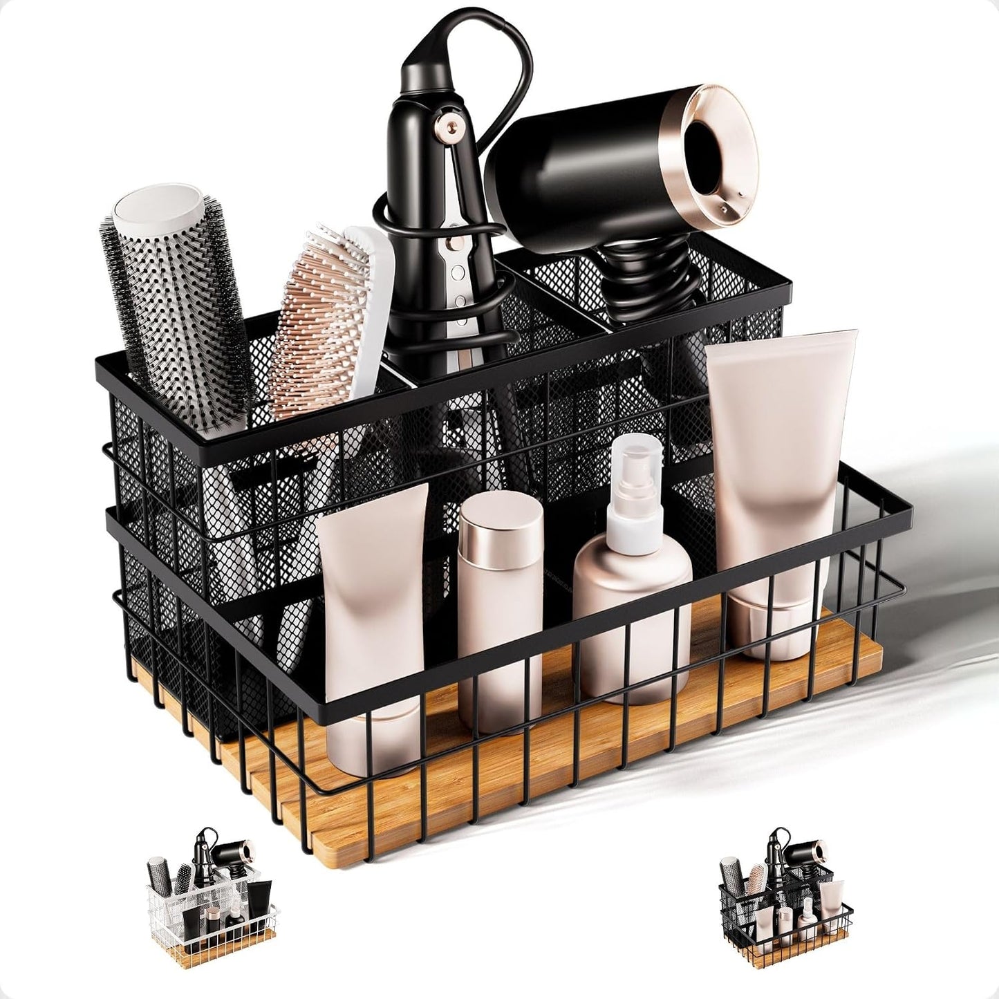 Hair Tool Organizer Countertop, Breathable Metal & Bamboo, Heat-Resistant | No Assembly Required, Removable Baskets, Heat-Resistant Iron, Bamboo Base, Spacious & Breathable Hot Tools Organizer Vanity