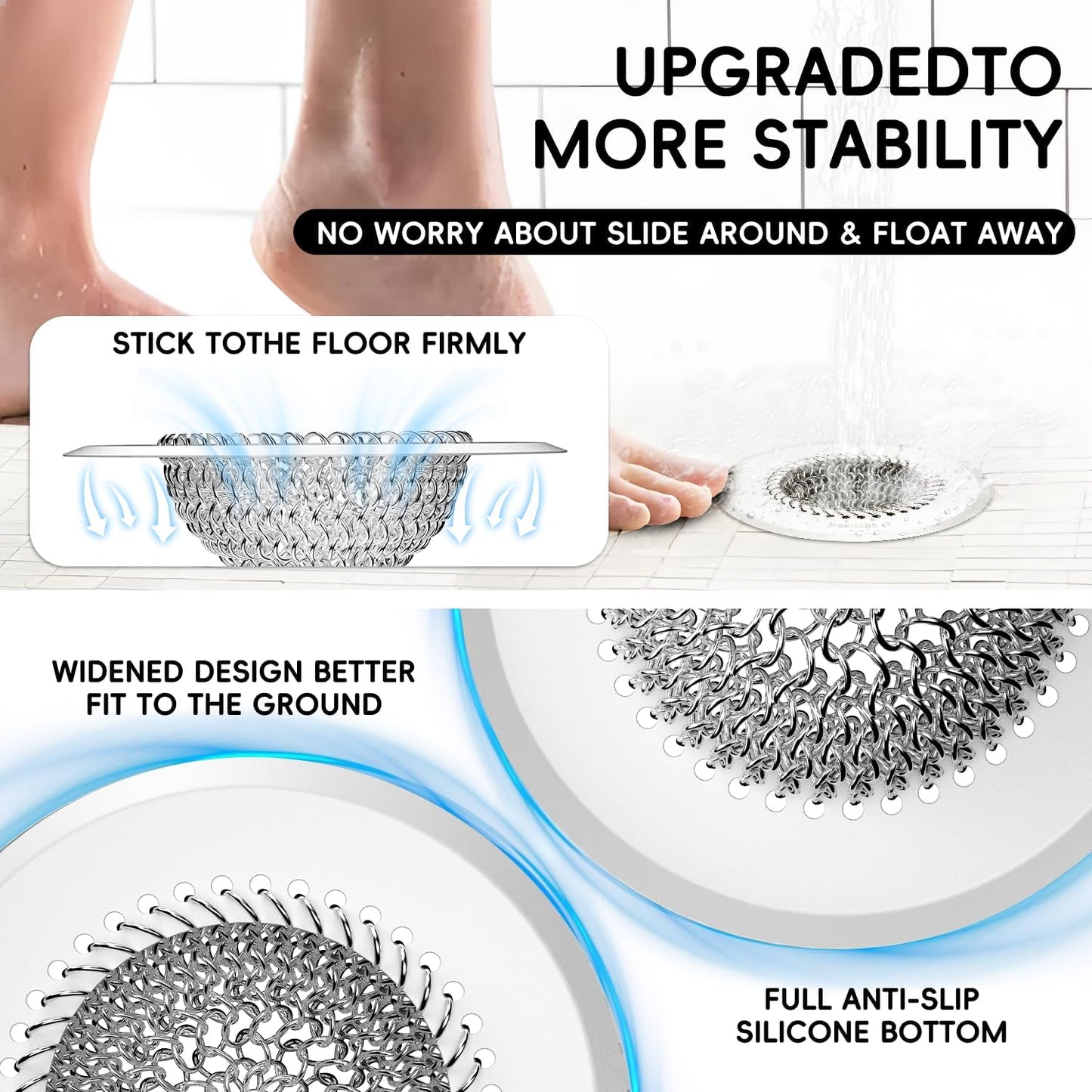 Shower Drain Hair Catcher, Patented Bathtub Drain Cover, Anti-Clog | Reversible Flip Clean, Fast Drainage, Anti-Slip Base, 304 Stainless Steel Chain Mail Mesh, 4.4" for Bathtub & Shower Drains