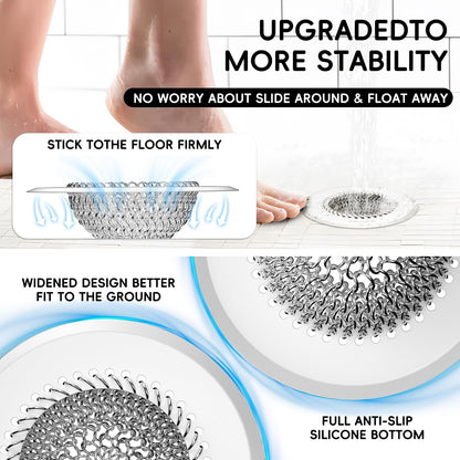 Shower Drain Hair Catcher, Patented Bathtub Drain Cover, Anti-Clog | Reversible Flip Clean, Fast Drainage, Anti-Slip Base, 304 Stainless Steel Chain Mail Mesh, 4.4" for Bathtub & Shower Drains