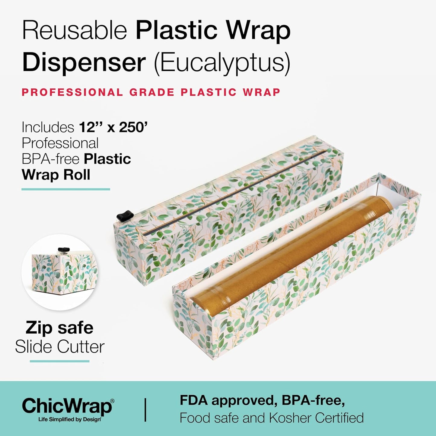 Chicwrap Veggies Refillable Plastic Wrap Dispenser - Includes One 12" x 250' Roll of Professional Grade Plastic Wrap - BPA Free and Kosher Certified - Reusable Dispenser w/Slide Cutter | Reusable Plastic Wrap Dispenser with Four Non-Slip Rubber Feet and