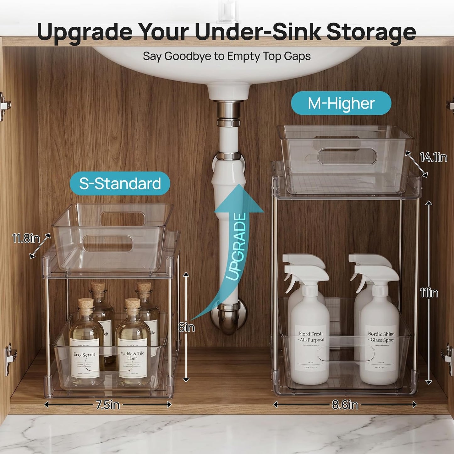 Vtopmart 2 Pack Pull Out Bathroom Under Sink Organizer (S-Standard) | Slide-out drawers, Multi-purpose storage, Clear visibility, Easy Set-up