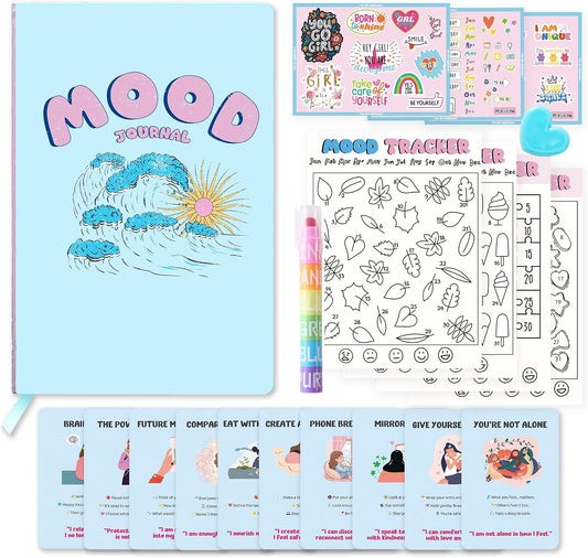 Mood Tracker Journal Set |126-Day Self Care & Emotional Wellness Journal Kit for Teen Girls & Tweens |Daily Mood Check-in, Coloring Charts, Stickers & Mindfulness Cards | Self Care Gift Set(Pink)