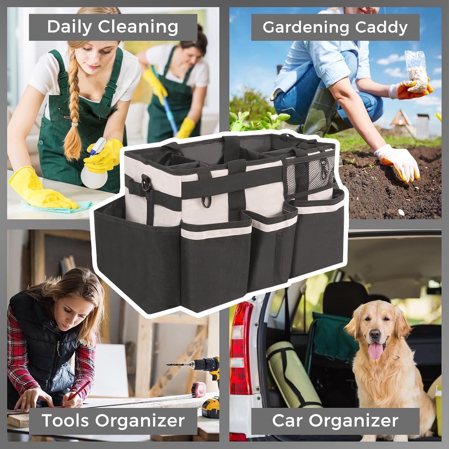SCAVATA Wearable Cleaning Caddy, Cleaning Caddy Supplies Organizer with Handle & Shoulder Straps for Housekeepers, Under Sink & Car Cleaning Tool Organizers Bag with 4 Foldable Divider (NavyBlue)