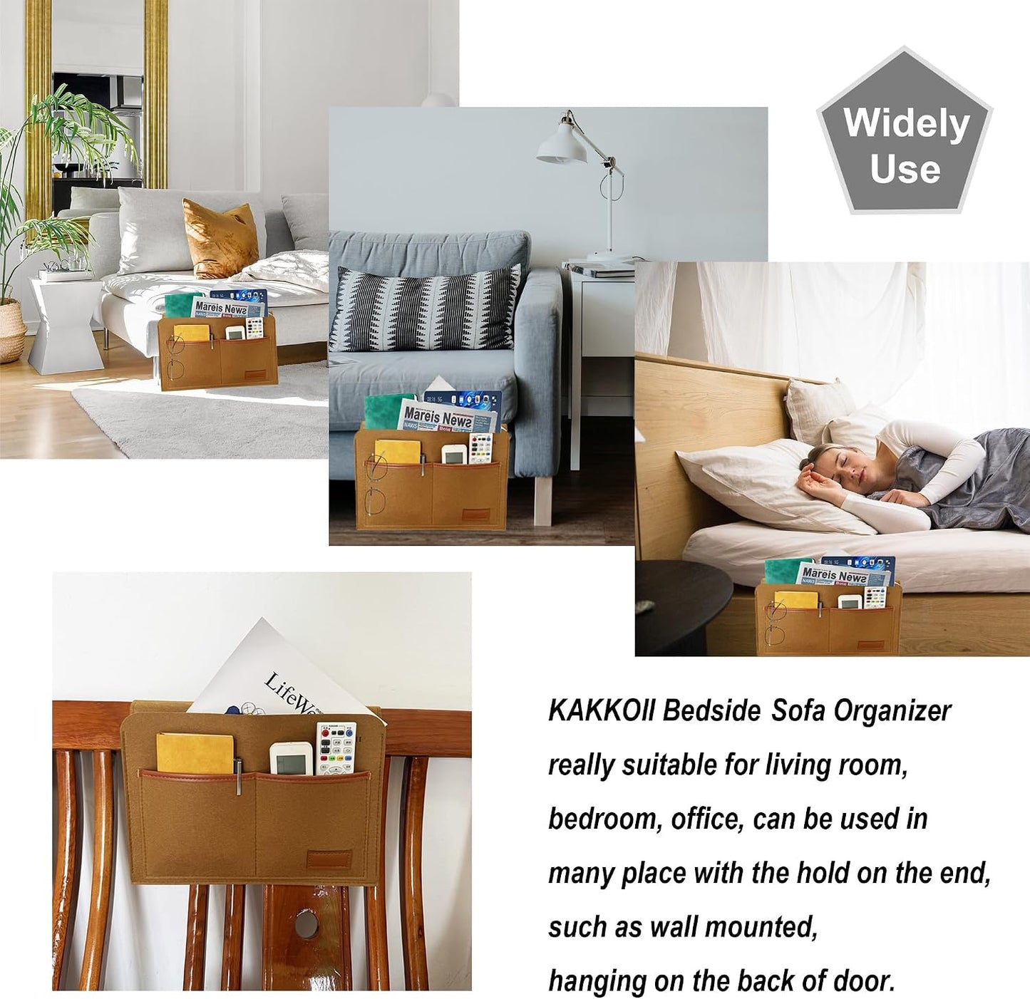 Bedside Caddy, Sofa Caddy, Storage Organizer Pocket for Dorm, Bedroom, 5 Pockets Felt Organizer for Magazine, Remote, Phone, Tablet, Pad, Glasses, Pen, Remote Control (Light Grey-Short)