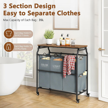Hoctieon 3 Section Laundry Sorter with Iorning Board, Laundry Hamper, Black | Lockable Wheels, Laundry Basket Organizer with Wheels, Heavy Duty Clothes Organizer, Large Clothes Separator, Removable Bags