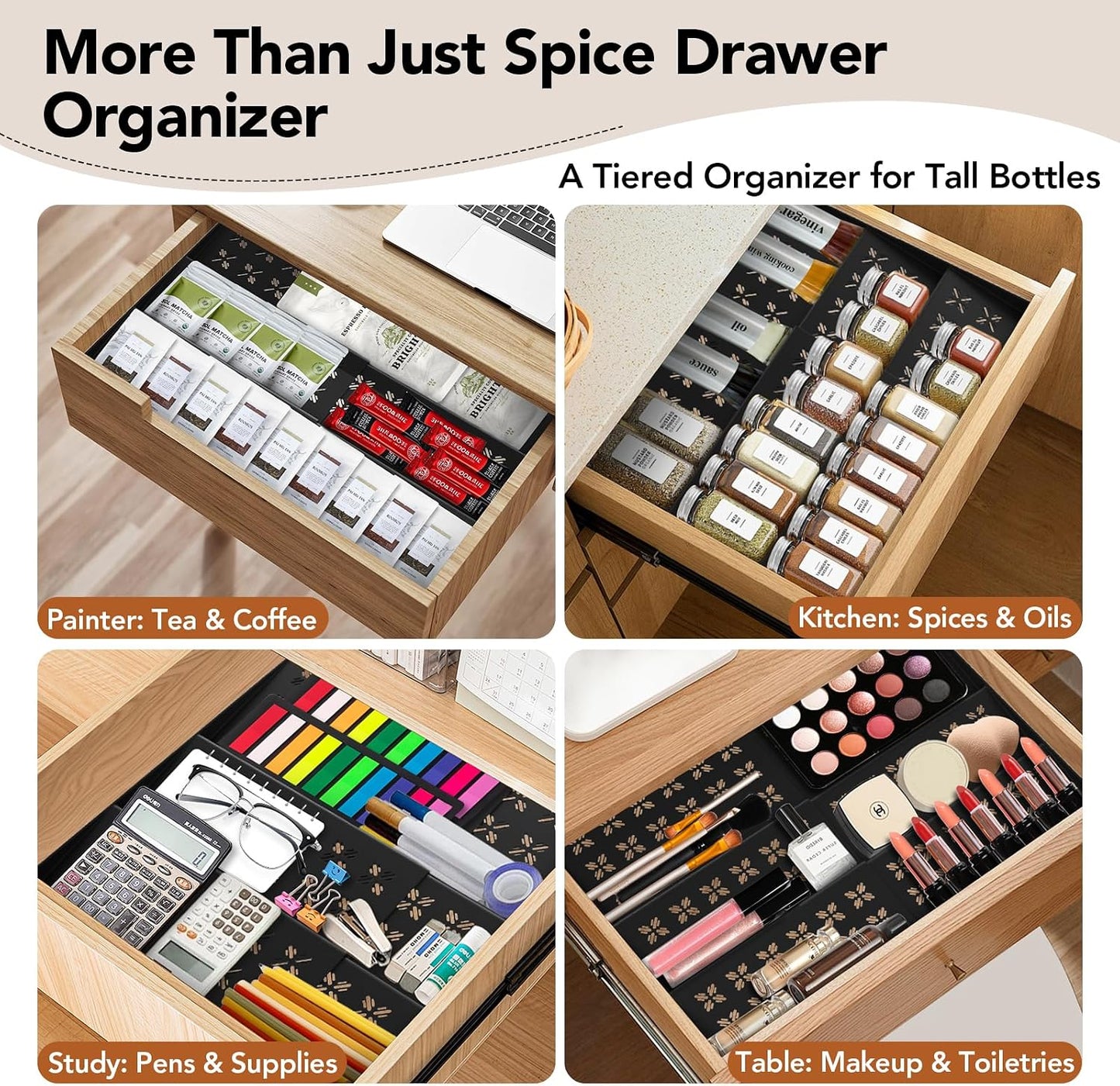 Spice Drawer Organizer 3-Tier Expandable (11"-22" Wide), Spice Rack for Cabinet with Funnel & Spice Labels, Fits Large Jars, Seasoning Storage Insert Design for Cabinet & Drawer (Black)