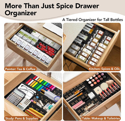 Spice Drawer Organizer 3-Tier Expandable (11"-22" Wide), Spice Rack for Cabinet with Funnel & Spice Labels, Fits Large Jars, Seasoning Storage Insert Design for Cabinet & Drawer (Black)