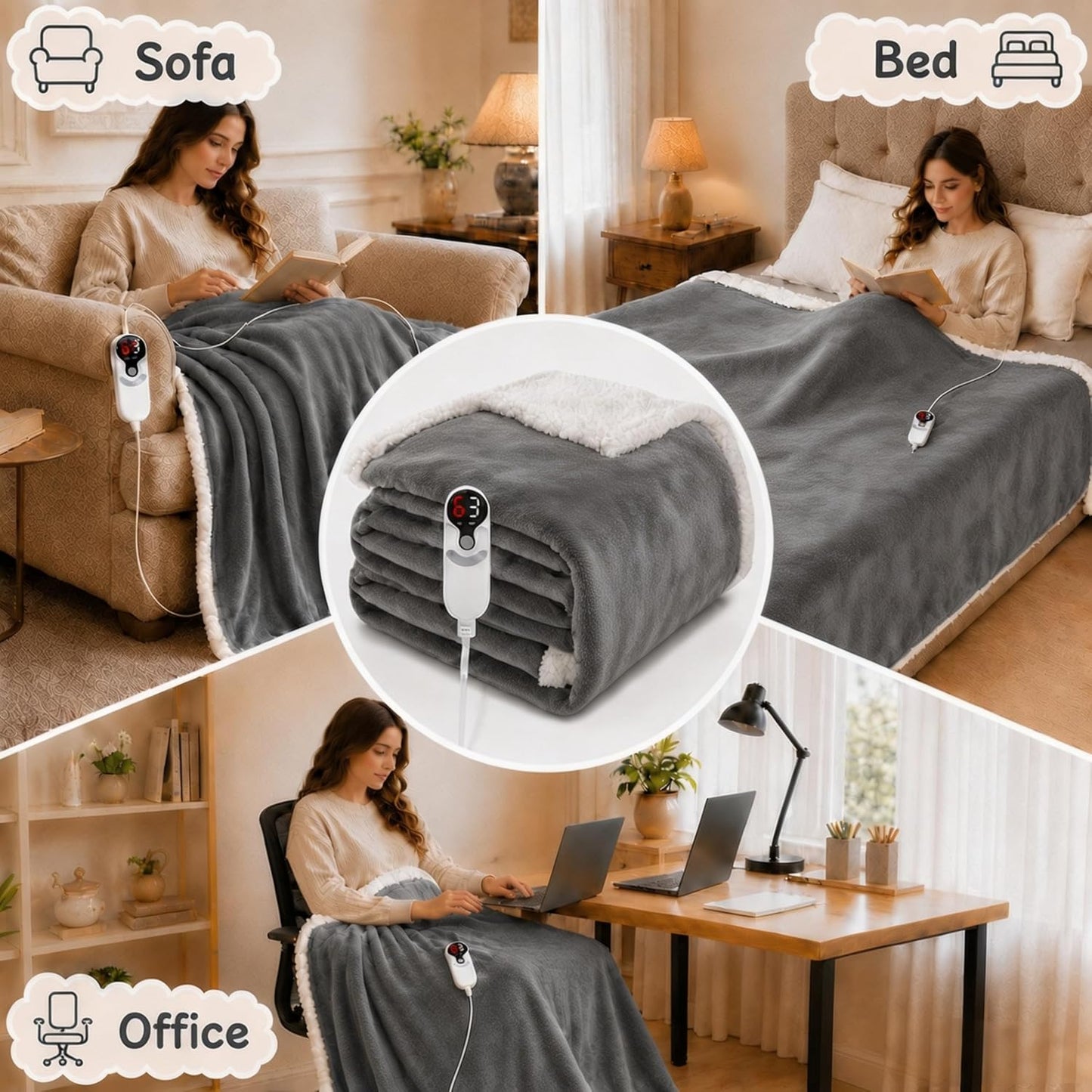 Soypipo Electric Heated Throw Blanket 50"x60", Faux Fur Plush with 4 Heat Settings & 2/4/8/10H Auto Shut-Off, Overheat Protection, Machine Washable, for Office & Chair, Dark Grey