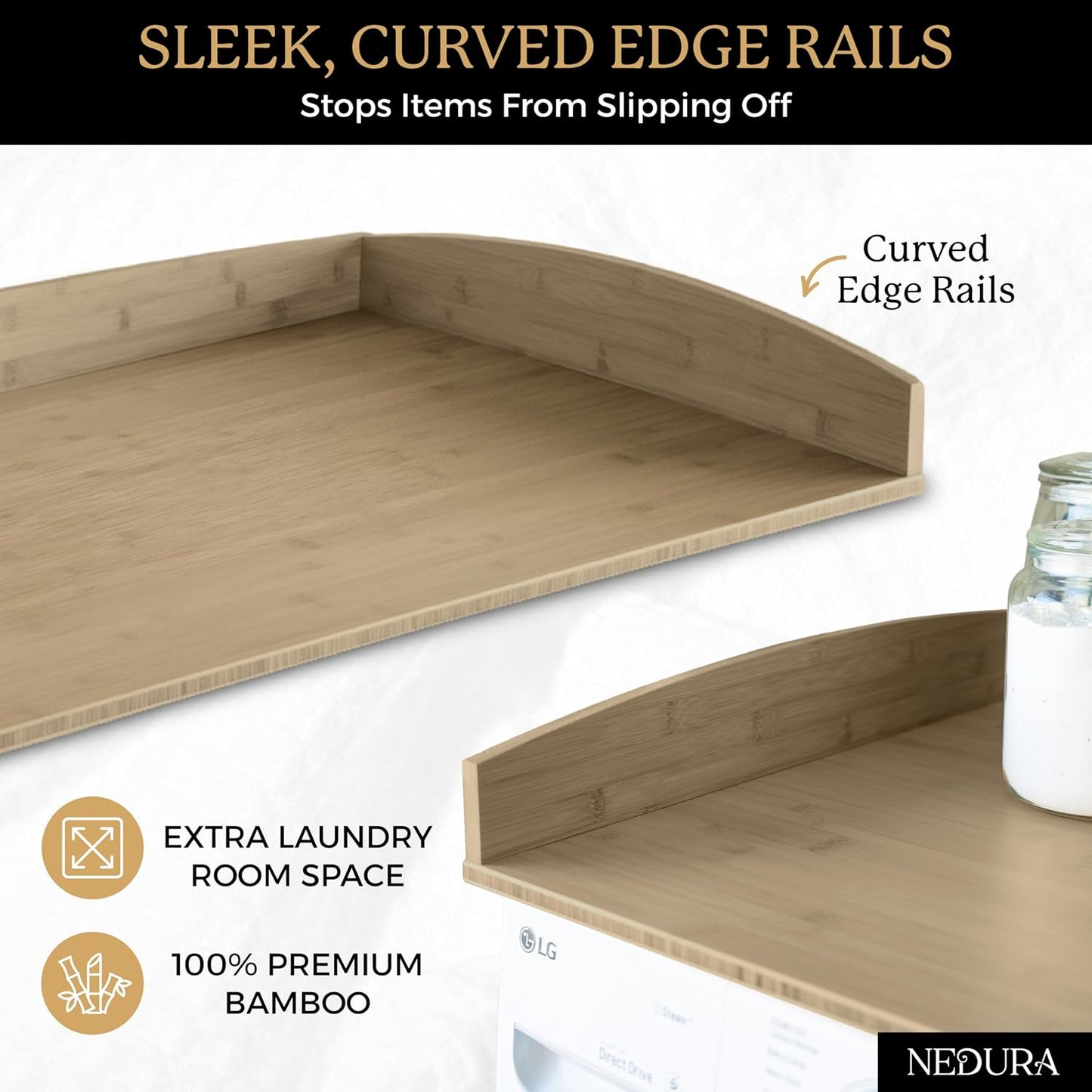 Nedura Washer Dryer Countertop with Anti-Vibration Pads, Curved Edge Rails, Premium Bamboo Laundry Countertop, Washer Dryer Topper, Laundry Room Organization, Laundry Room Accessory – Dark Walnut