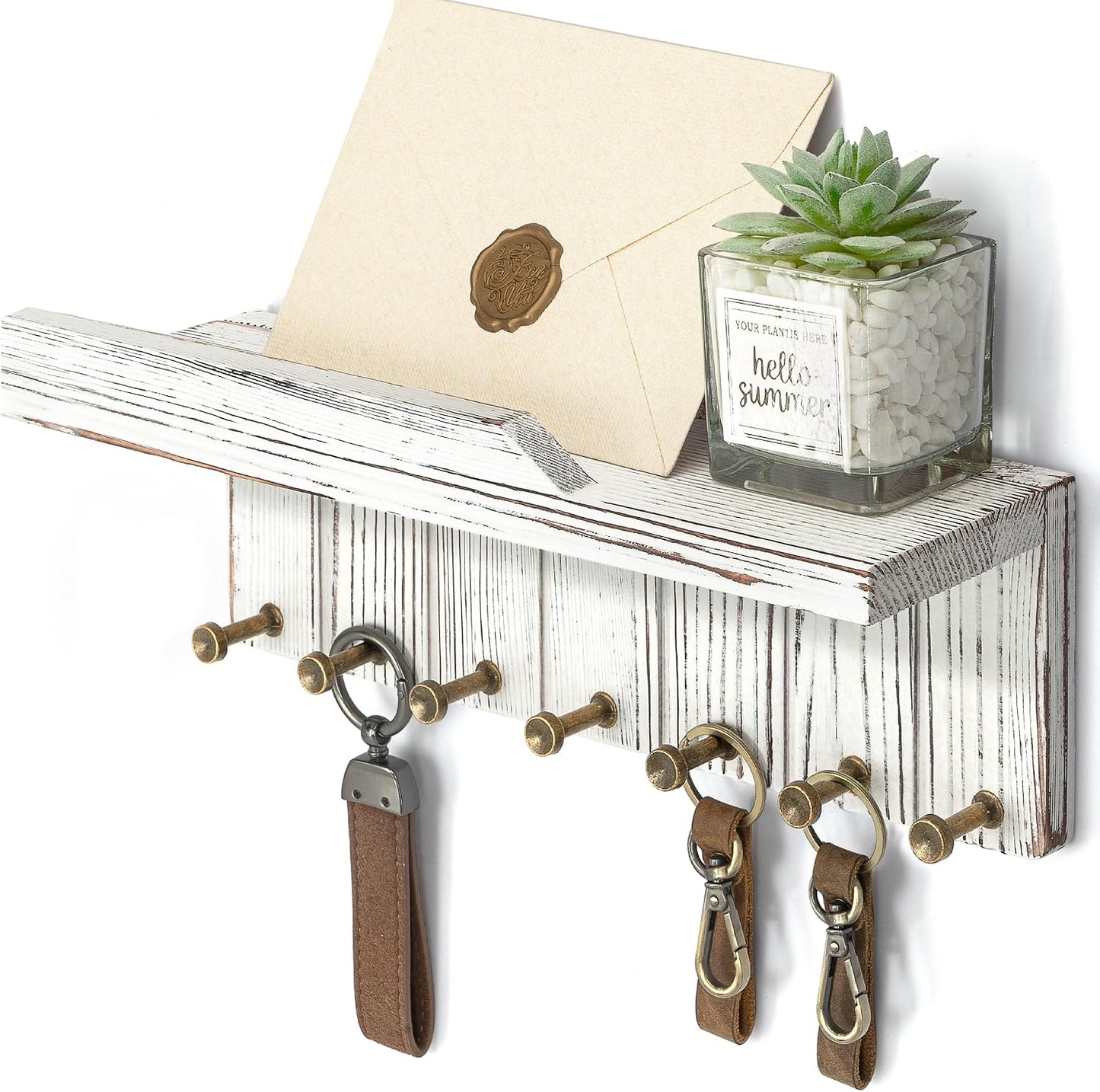 Rebee Vision Key Holder Wall Mount with Shelf for Entryway, Distressed Blue | Key and Mail Holder for Wall, Shelf, 4 Key Hooks, Farmhouse Decor, Room Decor Aesthetic, Compact Home Storage, Wall Organizer