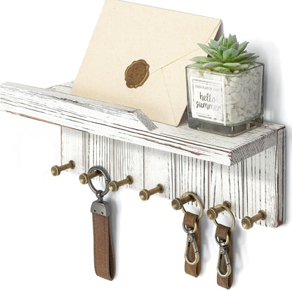 Rebee Vision Key Holder Wall Mount with Shelf for Entryway, Distressed Blue | Key and Mail Holder for Wall, Shelf, 4 Key Hooks, Farmhouse Decor, Room Decor Aesthetic, Compact Home Storage, Wall Organizer