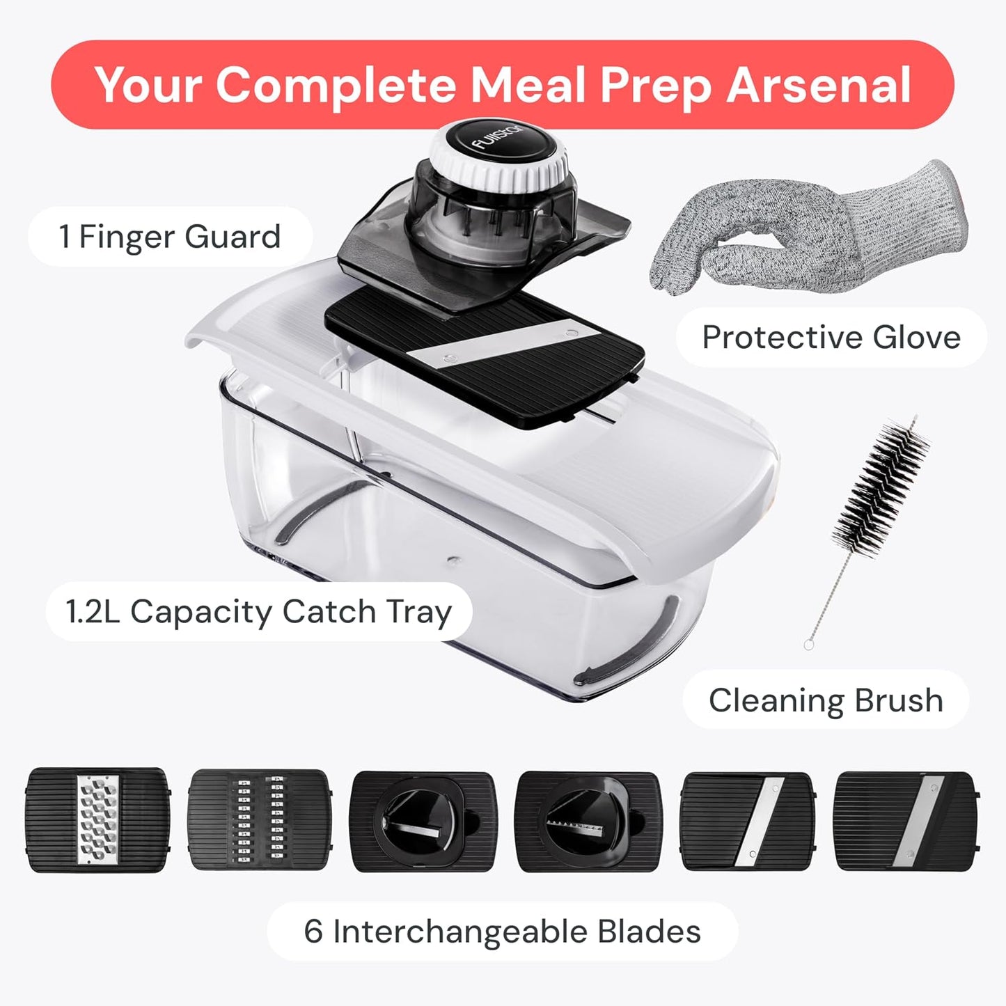 Fullstar Pro Mandoline Vegetable Slicer, Grater & Spiralizer with Container | 6 in 1 Fruit Cutter, Cheese Grater & Spiralizer with Safety Gloves, Stainless Steel Blades & Container (White)