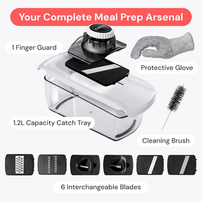 Fullstar Pro Mandoline Vegetable Slicer, Grater & Spiralizer with Container | 6 in 1 Fruit Cutter, Cheese Grater & Spiralizer with Safety Gloves, Stainless Steel Blades & Container (White)