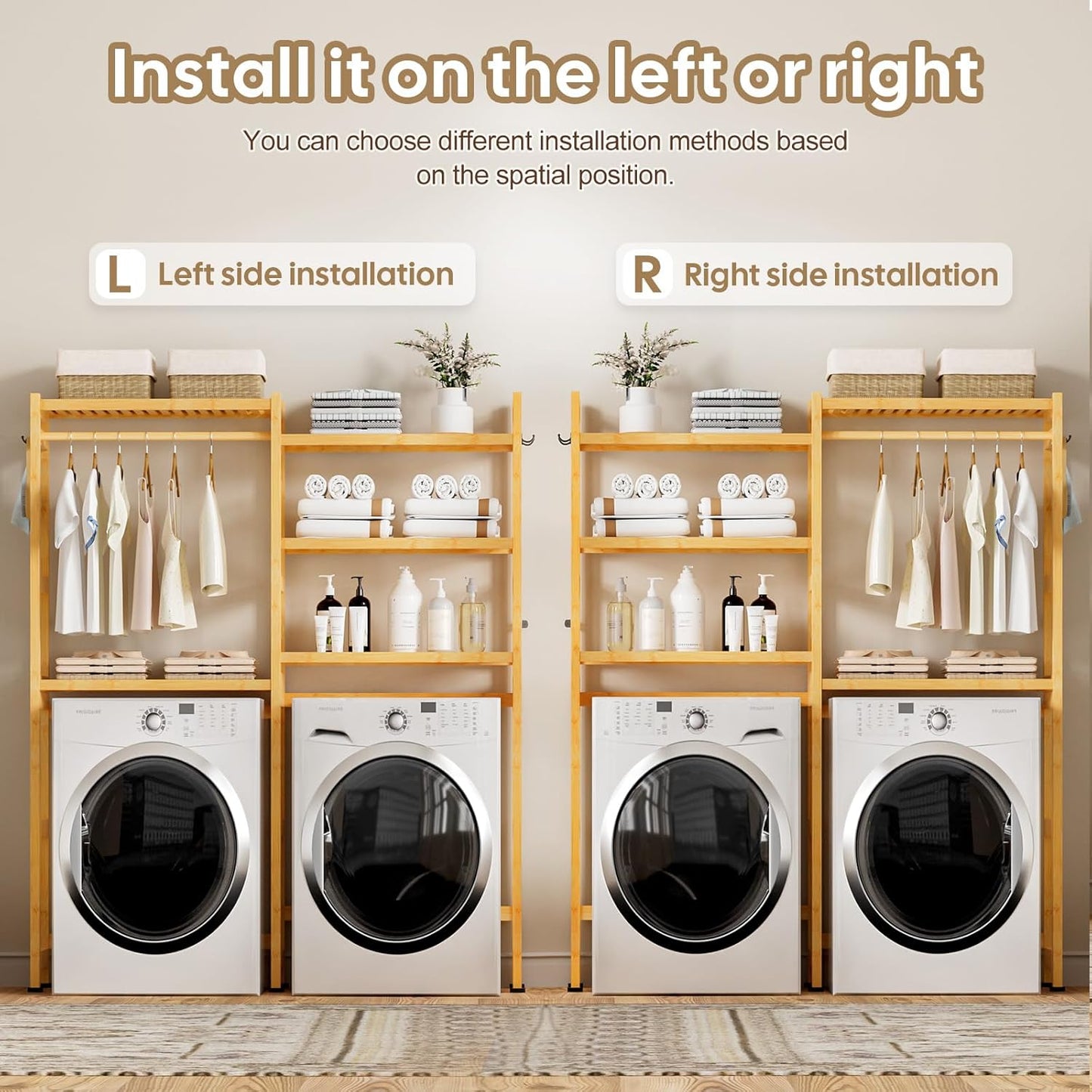 Cozivolife Over The Washer Dryer Storage Shelf: Bamboo 5 Tiers (Natural) | Laundry Room Drying Rack with Adjustable Shelves and 4 Hooks - Space Saver Organizer for Hanging Clothes and Towels