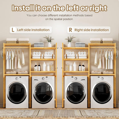 Cozivolife Over The Washer Dryer Storage Shelf: Bamboo 5 Tiers (Natural) | Laundry Room Drying Rack with Adjustable Shelves and 4 Hooks - Space Saver Organizer for Hanging Clothes and Towels