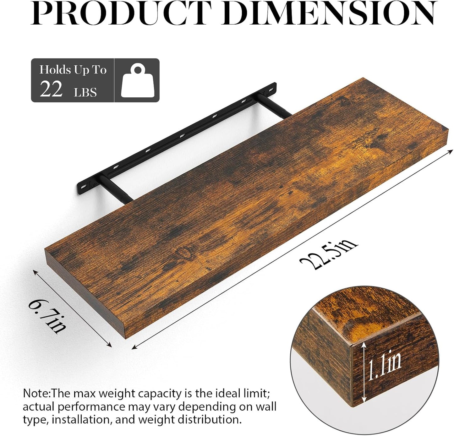 BAYKA Rustic Brown Floating Shelves 22.5in, Set of 2, Wall Mount Wood Shelf | Easy Install, 22lbs Max Load, Hidden Bracket, for Bathroom Bedroom Living Room or Kitchen, Hanging Shelf Book Decor Storage
