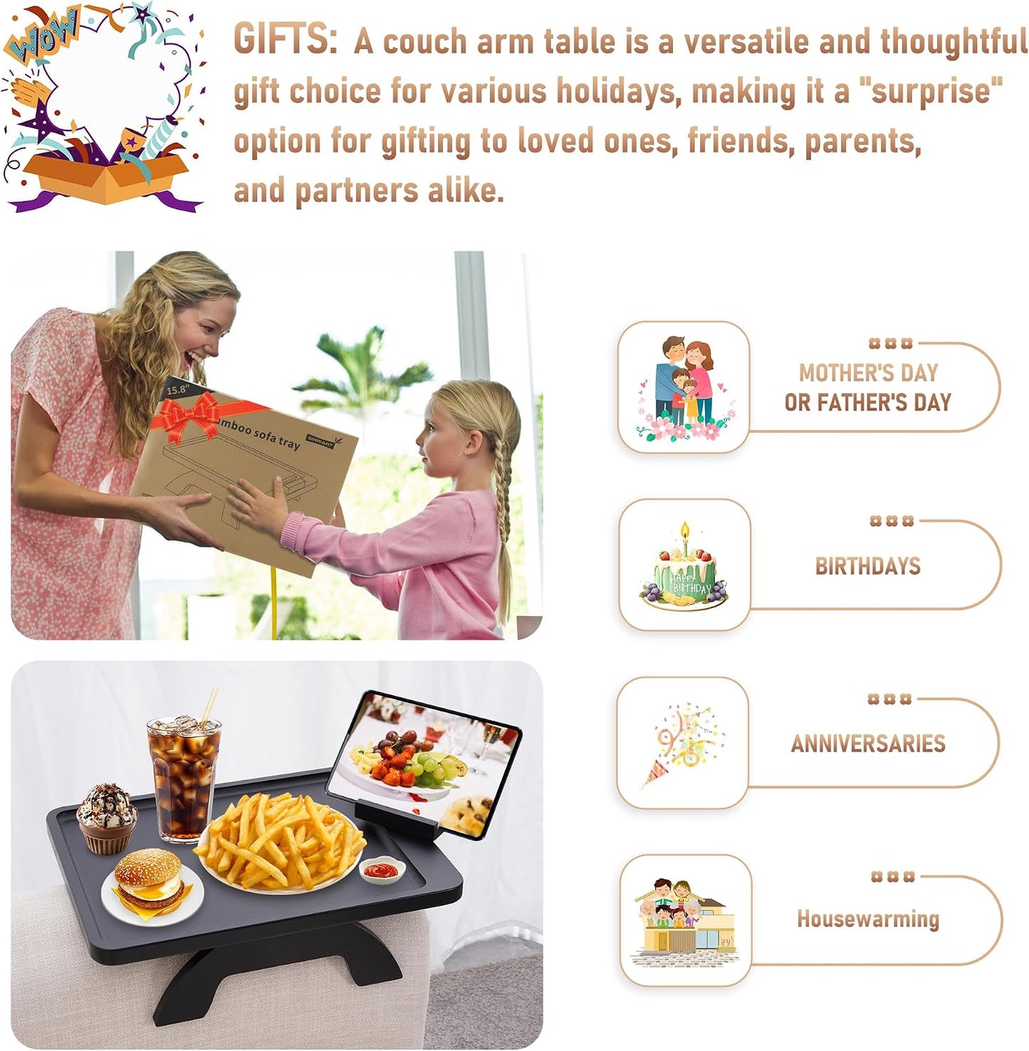Couch Arm Tray,Bamboo Sofa Clip on Side Table,Foldable Couch Armrest Table with 360°Rotating Phone Holder,Anti Slip Food Trays for Eating/Drinks/Snacks/Remotes 15.35" x 9.85"