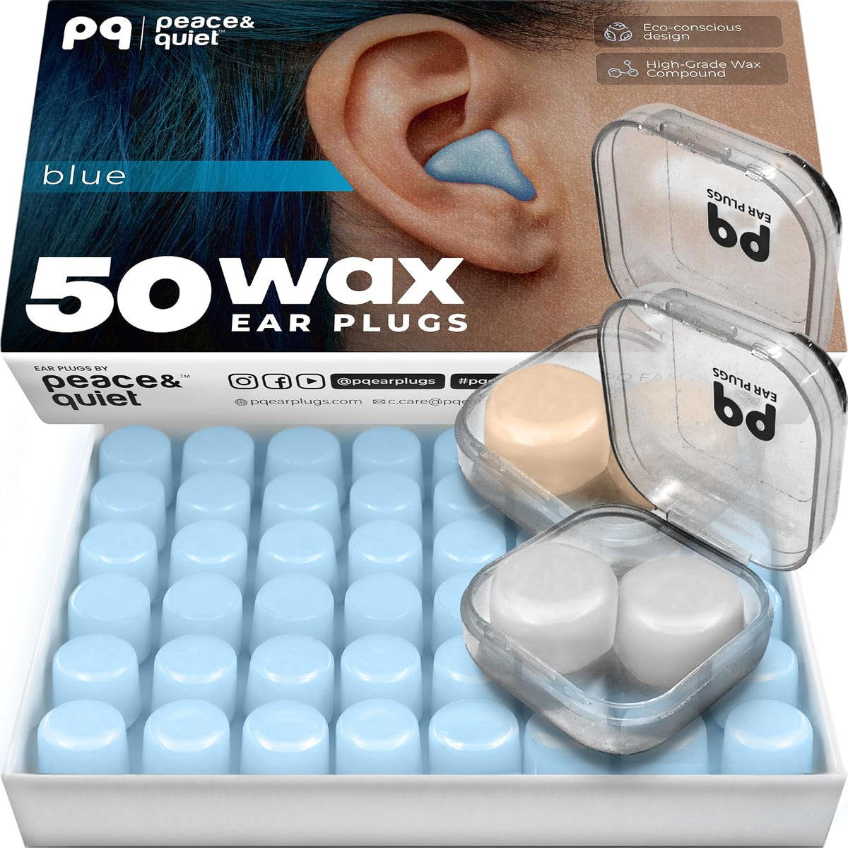 Peace&Quiet PQ Wax Ear Plugs for Sleeping - 50 Silicone Wax Earplugs