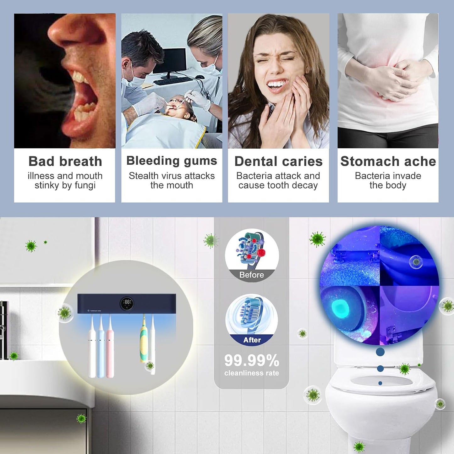 Toothbrush Holder and Cleaner Razor Holder and Dryer Auto Open/Close Cover Rechargeable Wall-Mounted Suitable for Most Toothbrushs