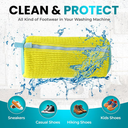 Premium Shoe Washing Machine bag 2 Pack – 360° Self-Locking Zipper Reusable Sneaker Laundry Set – Heavy-Duty Microfiber Shoe Washing Bag for Washer & Dryer, Boots & Athletic Footwear (Yellow)