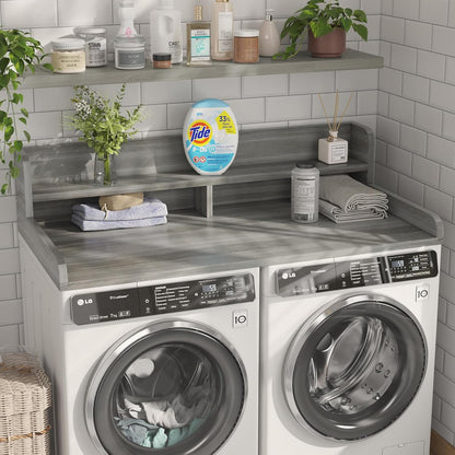 2-Tier Washer Dryer Countertop with 2.75" H Edge Rails, 54" W x 27.55" D Laundry Countertop for Folding Clothes, Washer and Dryer Topper with Non-Slip Pad (Dark Walnut)