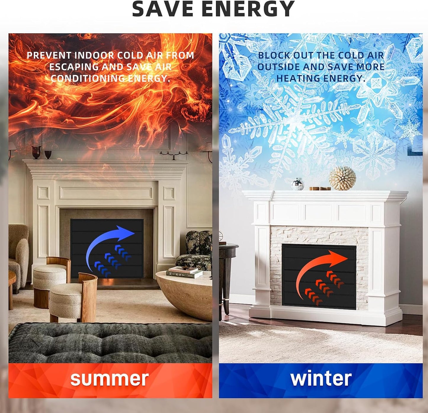 36"×27" Magnent Fireplace Cover,Fireplace Blocker Blanket for Stop Heat Loss and Save Enegry,Indoor Fireplace Draft Stopper with Built-in 12 Strong Magnet for Iron Fireplace Frame