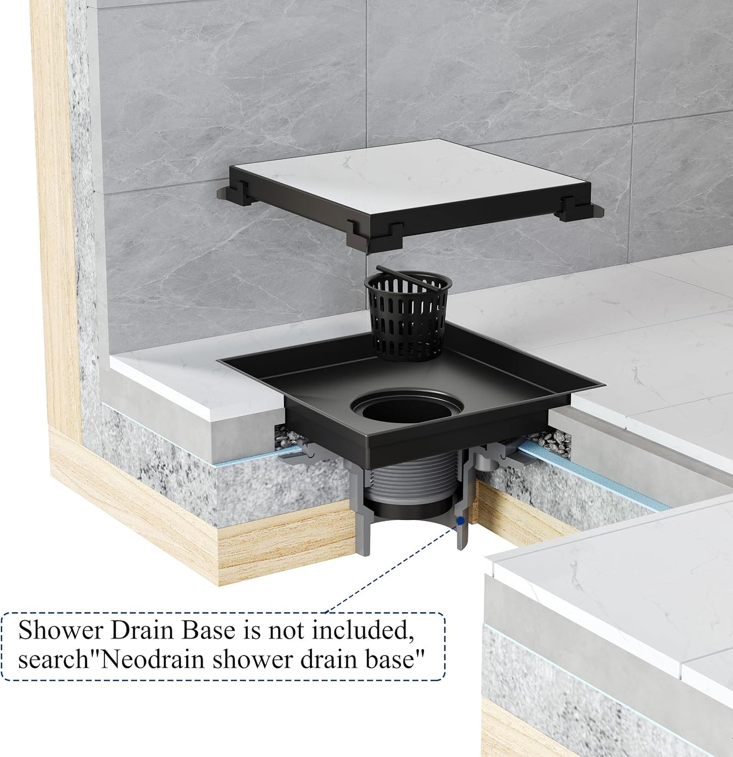 Neodrain 4" Brushed Square Shower Drain with Removable Tile Insert Grate | 304 Stainless Steel Tile Square Drain, Hidden Drain,Easy to Clean, Waterproof & Sturdy Shower Drain, CUPC Certified