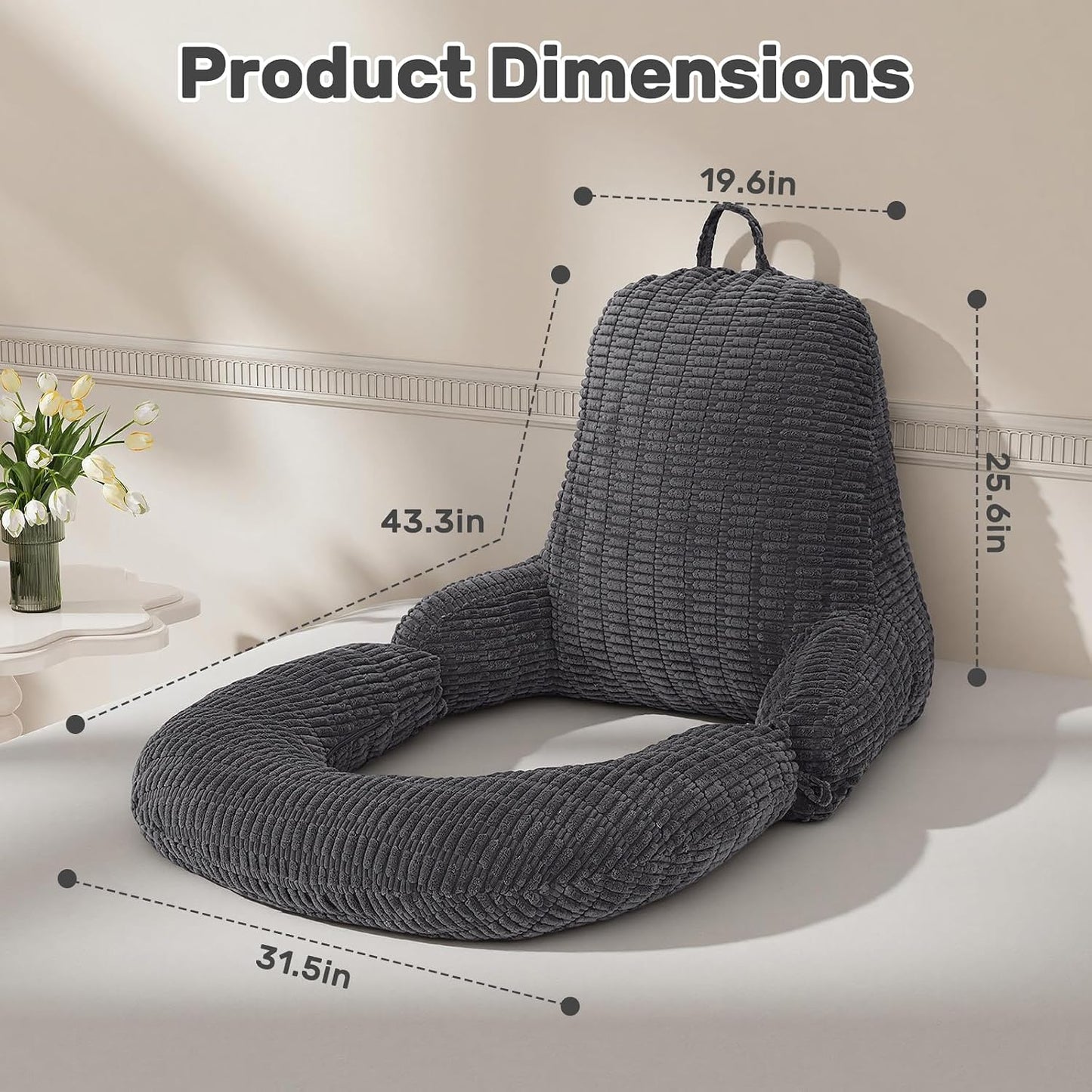 Reading Pillow for Bed, Backrest Pillow with Arms for Adult | Bed Pillow for Sitting Up, Back Support Pillows for Sleeping, Reading and Gaming with Shredded Memory Foam, Gray