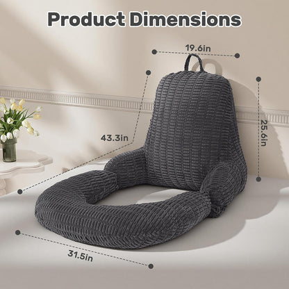 Reading Pillow for Bed, Backrest Pillow with Arms for Adult | Bed Pillow for Sitting Up, Back Support Pillows for Sleeping, Reading and Gaming with Shredded Memory Foam, Gray