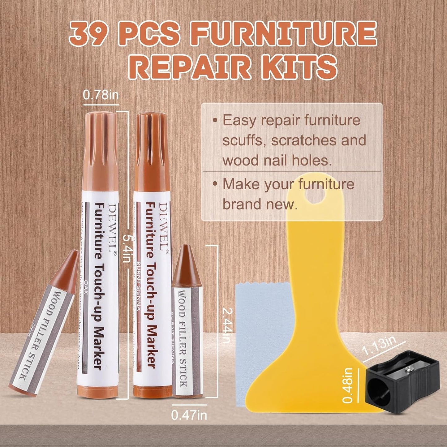 DEWEL Wood Furniture Repair Kit, New Upgrade Wood Fillers, Furniture Touch Up Markers, Wax Sticks, Wood Putty with Beeswax for Cracks, Wood Hole, Scratches, Floor, Table, Door