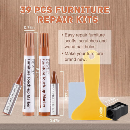 DEWEL Wood Furniture Repair Kit, New Upgrade Wood Fillers, Furniture Touch Up Markers, Wax Sticks, Wood Putty with Beeswax for Cracks, Wood Hole, Scratches, Floor, Table, Door